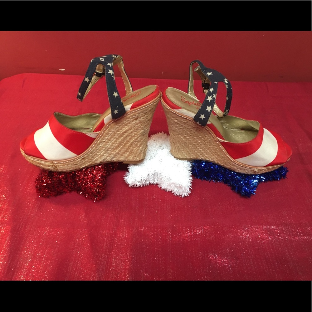Women’s red white and blue Memorial Day patriotic Fourth of July wedges 6.5 size